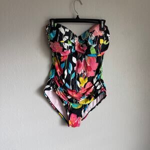 Anne Cole Black Multi Floral Strapless Bandeau One Piece Swimsuit Womens 14